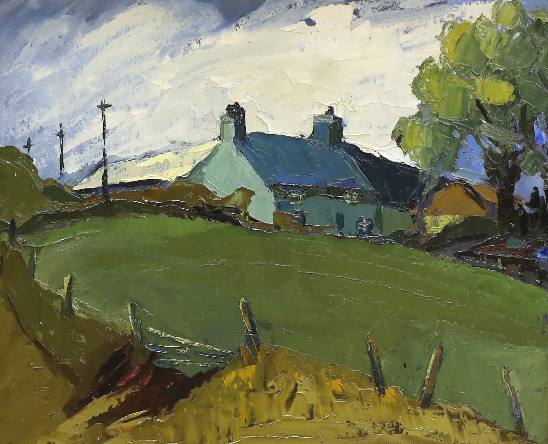 Circle of Kyffin Williams (Welsh, 1918-2006), impasto oil on board, Rural landscape with a cottage, 59 x 49cm